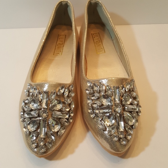 Lily Vanity Gold Rhinestone Embellished Flats - Picture 1 of 7